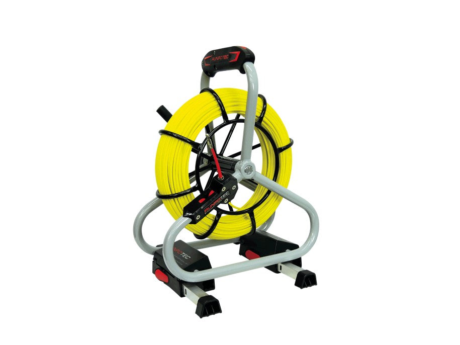 Profi-Set Glasfaserstab Ø 4,5 mm - RUNPOTEC Gewinde RTG Ø 6 mm mit robuster Stahlhaspel Ø 330 mm (KTL/pulverbeschichtet) mit neuem, Doppel-Auslaufsystem (automatische Auslaufbremse und Schnellauslauf), zusätzliche Feststellbremse, ausziehbare Standfüße und Staufach für das Zubehör.